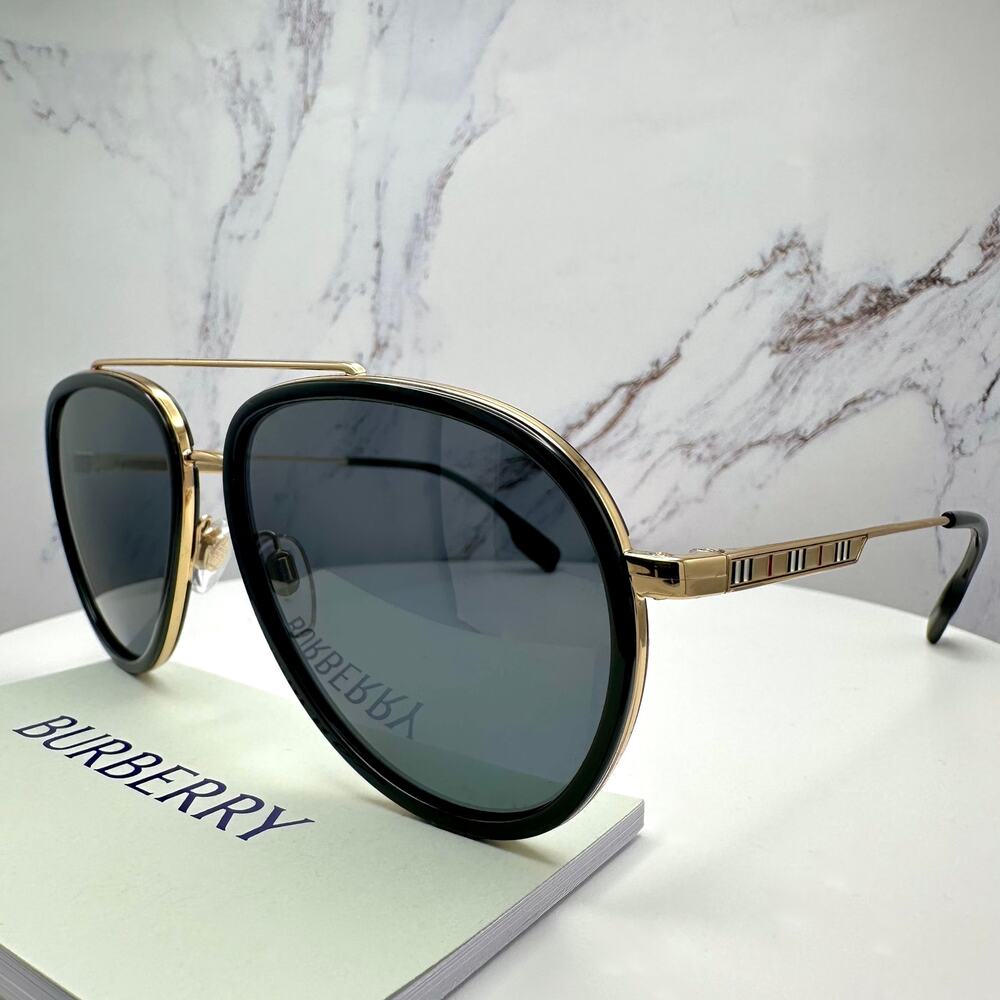 New Burberry Sunglasses Polarized Gold Black Check Arms Aviator Pilot Metal - Picture 9 of 16